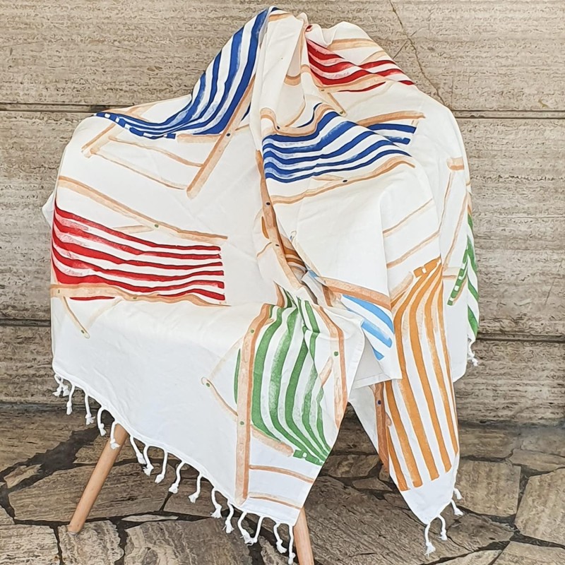 Deck chairs - Beach towel Pareo with knotted fringes