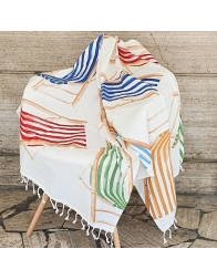 100% yarn-dyed cotton Fouta beach towel with colourful deck chair design