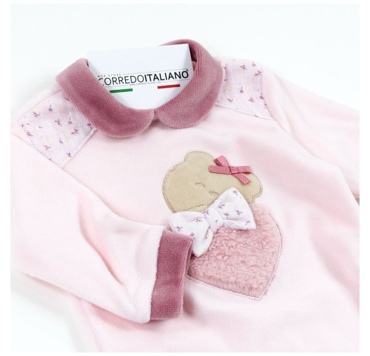 Velour baby sleepsuit with embroidered teddy bear and heart 2