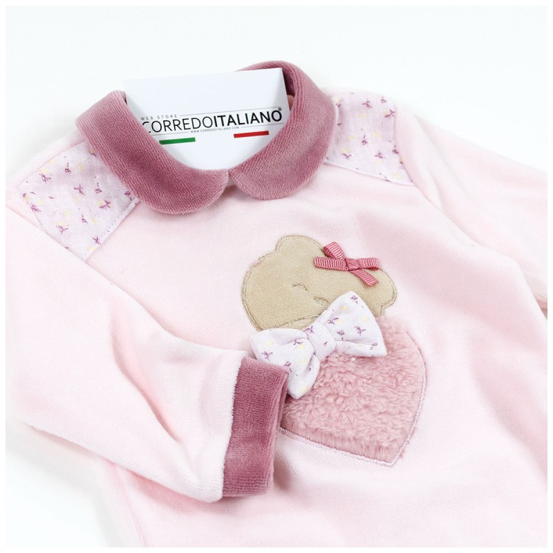 Tutina in ciniglia ricamata con orsetto e cuoricino Les Jolies LJ24415RR Tutina in ciniglia ricamata con orsetto e cuoricino Les Jolies LJ24415RR