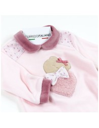 Velour baby sleepsuit with embroidered teddy bear and heart
