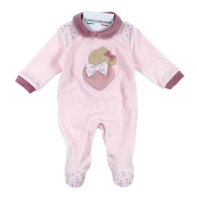 Velour baby sleepsuit with embroidered teddy bear and heart Velour baby sleepsuit with embroidered teddy bear and heart