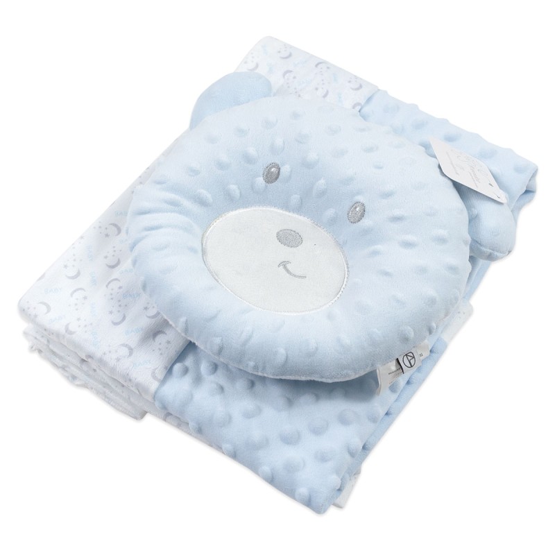 Set Copertina in pile per culletta con Cuscino Orsetto - Azzurro Set Copertina in pile per culletta con Cuscino Orsetto - Azzurro