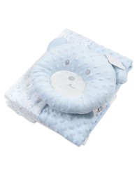 Set Copertina in pile per culletta con Cuscino Orsetto - Azzurro