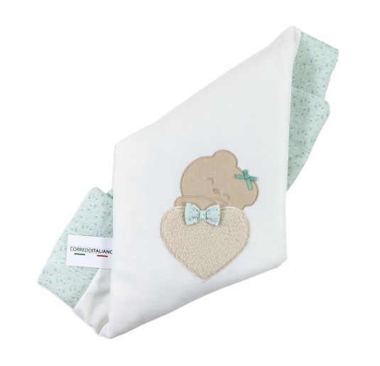 Velour blanket in green with applied teddy bear and bow