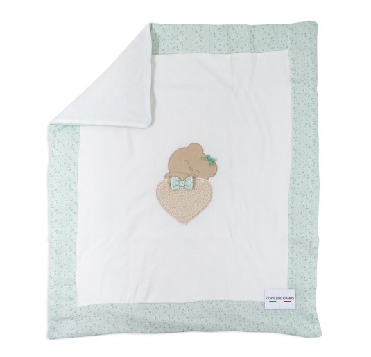 Velour blanket in green with applied teddy bear and bow 2