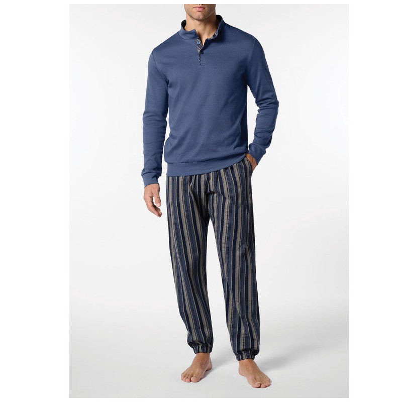 Perofil winter pajamas in warm interlock cotton, henley model with blue buttons