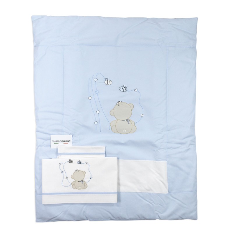 Set piumotto neonato azzurro Dolci Sogni in cotone ricamato