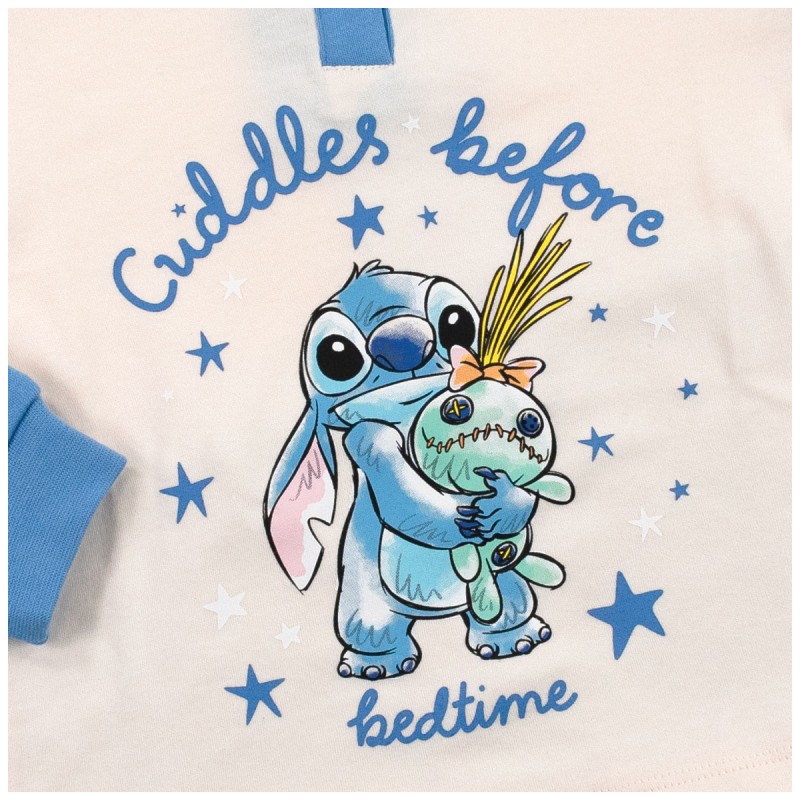 Top detail of Disney winter pyjamas featuring Stitch print