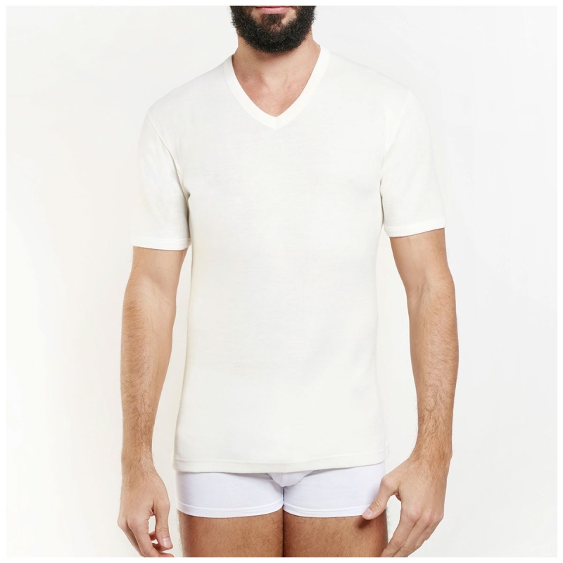 Elegant men's underwear Nottingham V-neck T-shirts in wool & cotton