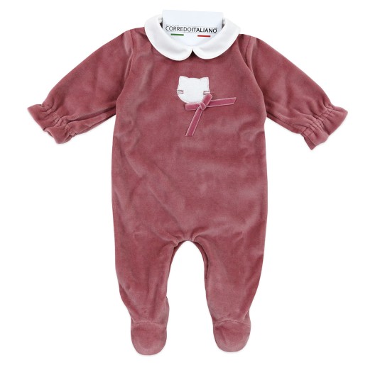 Tutina di ciniglia neonata rosa Coccode' Firenze con ricamo gattino