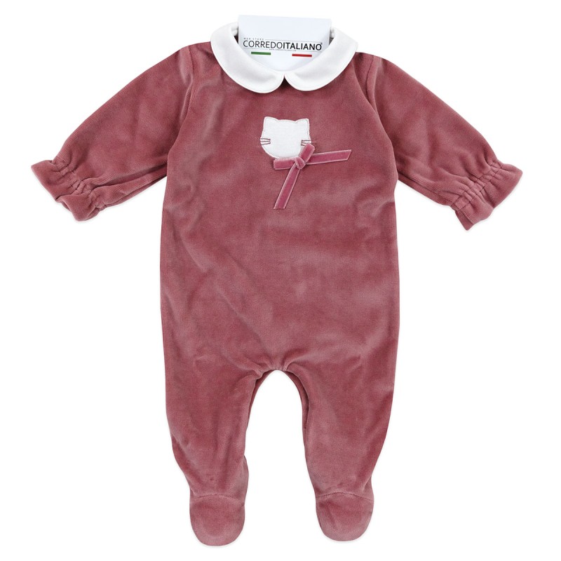 Tutina di ciniglia neonata rosa Coccode' Firenze con ricamo gattino