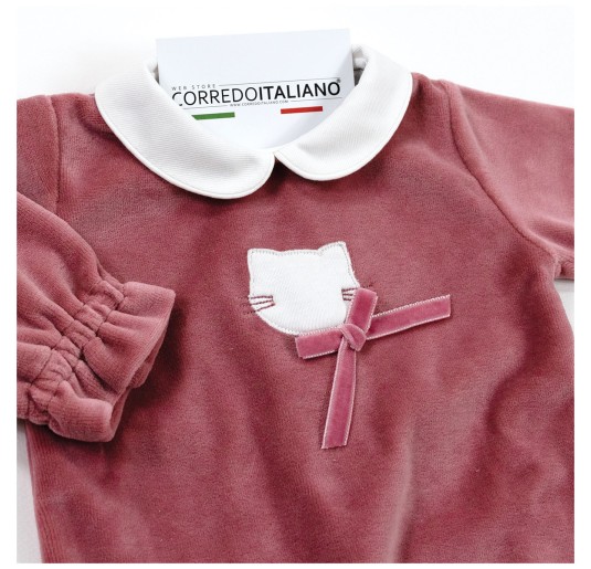 Pink velour baby sleepsuit Coccode Firenze with kitten embroidery 2