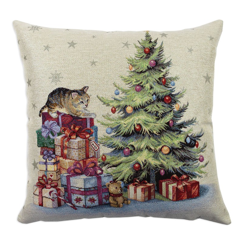 Alberello e Gattino - Cuscino arredo natalizio in tessuto Gobelin 45x45 cm