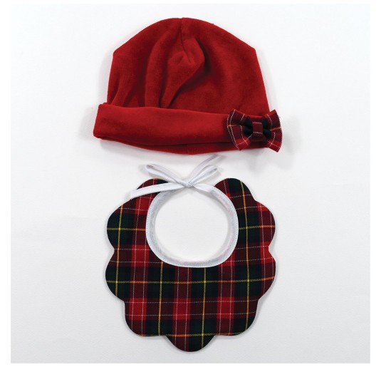 Cappellino natalizio neonato Klaiadi in ciniglia rossa con bavaglino tartan