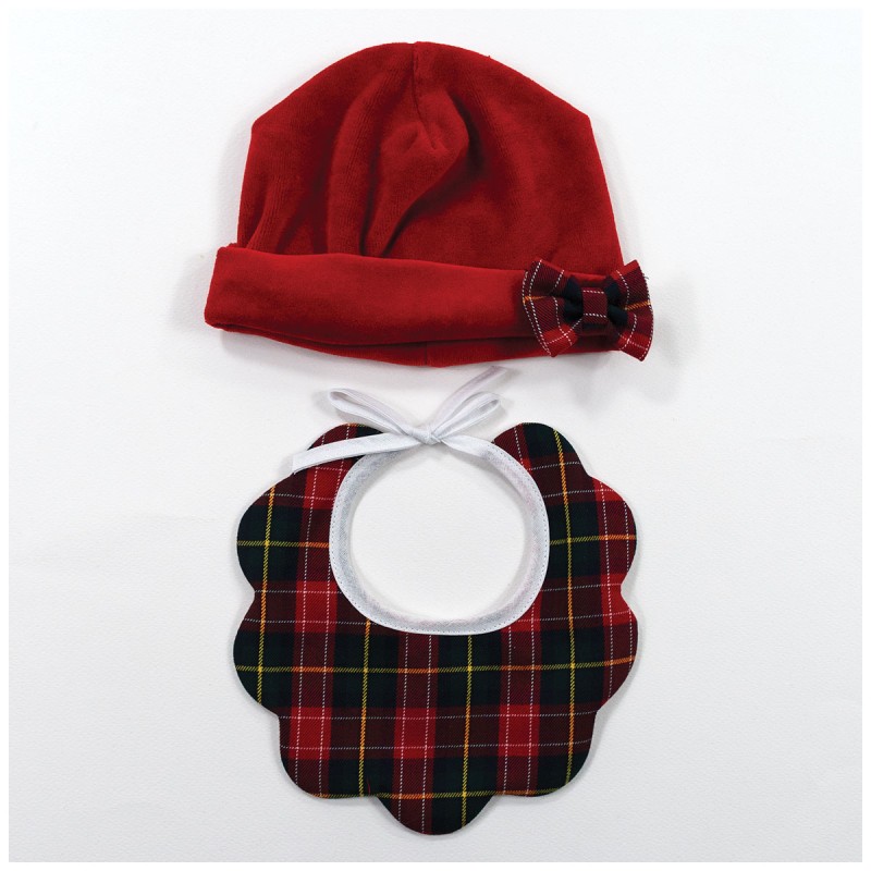 Cappellino natalizio neonato Klaiadi in ciniglia rossa con bavaglino tartan Cappellino natalizio neonato Klaiadi in ciniglia rossa con bavaglino tartan