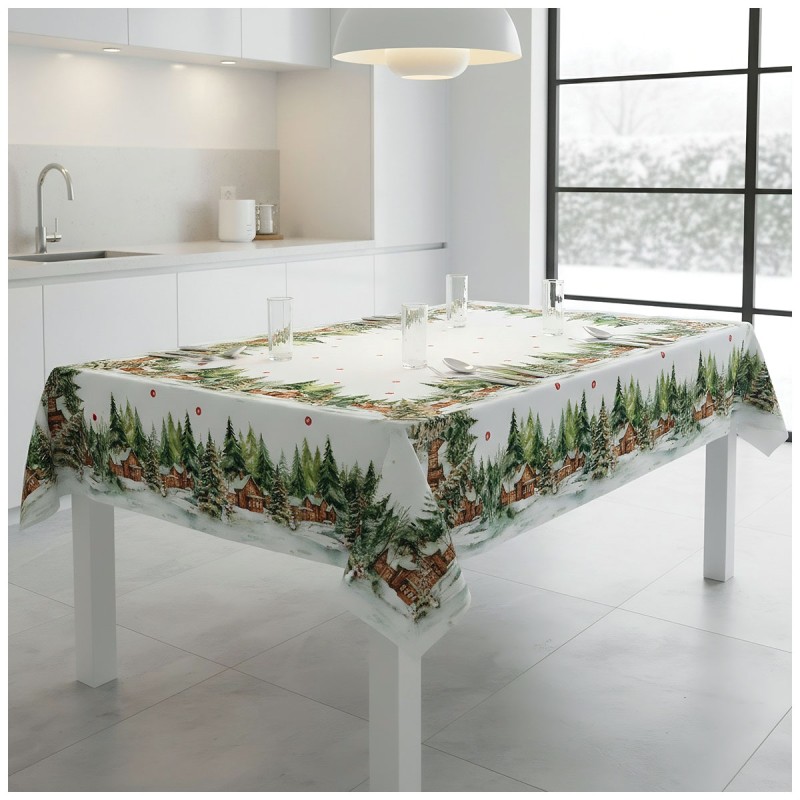 Elegant Christmas tablecloth Made in Italy on decorated table Elegant Christmas tablecloth Made in Italy on decorated table