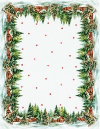 Cotton Christmas tablecloth with houses and pine trees pattern