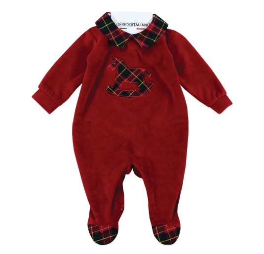 Christmas velour baby romper with tartan collar - Klaiadì...