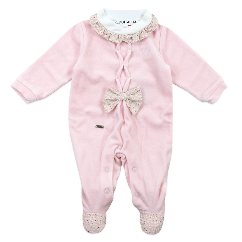 Baby girl velour sleepsuit with polka-dot bow