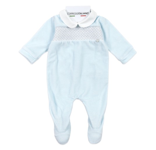 Full photo of the soft Coccodé newborn chenille babygrow with integrated feet.