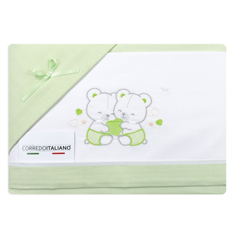 Cotton crib sheet with embroidered teddy bears green Made in Italy