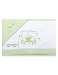 Lenzuolino culla in cotone con orsetti ricamati verde Made in Italy