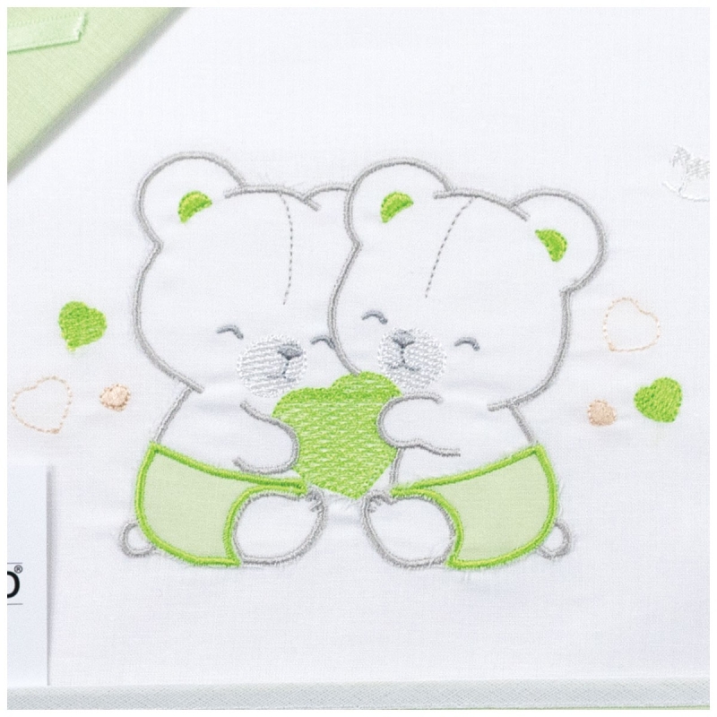 Embroidered teddy bear detail on cotton crib sheet for newborn