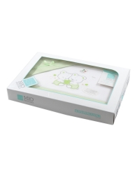 Baby crib sheet set with teddy bears and green border