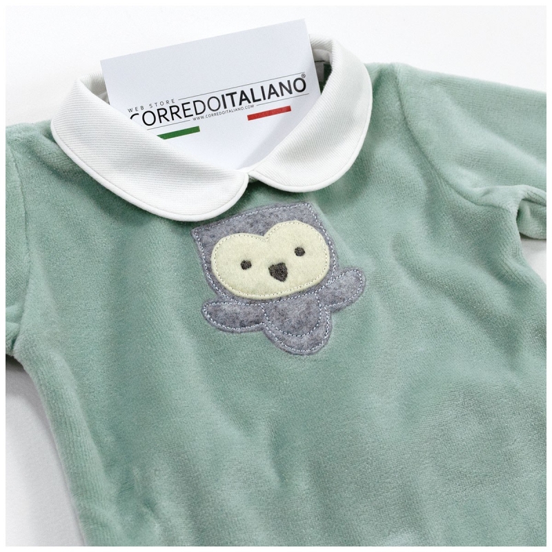 tutina di ciniglia neonato elegante con colletto bianco e gufetto