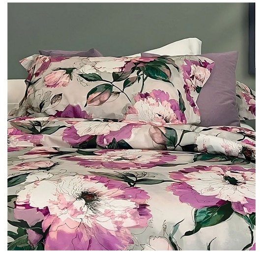 Completo lenzuola Michelle in raso di cotone 200TC con stampa floreale.
