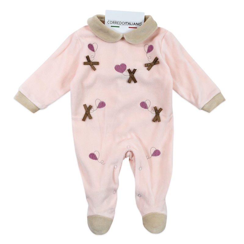 Corduroy baby girl romper in pink with heart embroidery and bows