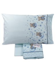 Flannel crib sheet for baby with bear sitting on crescent moon