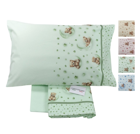 Lenzuolo flanella lettino con orsetto e stelline in cotone italiano