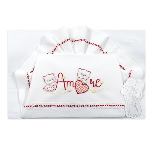 Set lenzuola culla e carrozzina con ricamo orsetti e scritta Amore