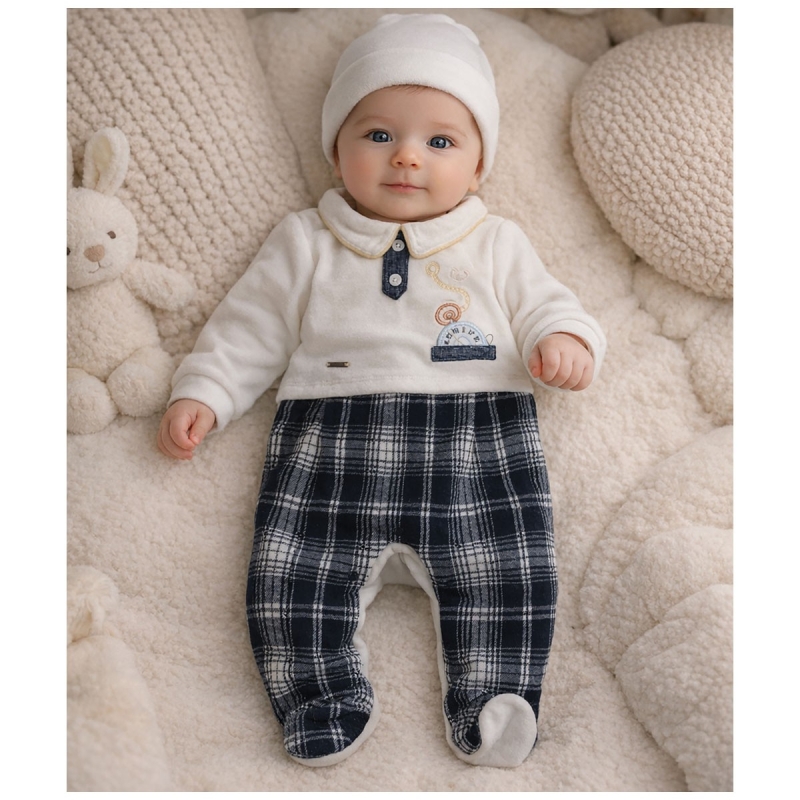 Tutina in ciniglia neonato Mio Piccolo panna e blu con colletto