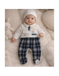 Chenille baby sleepsuit Mio Piccolo cream and blue with collar