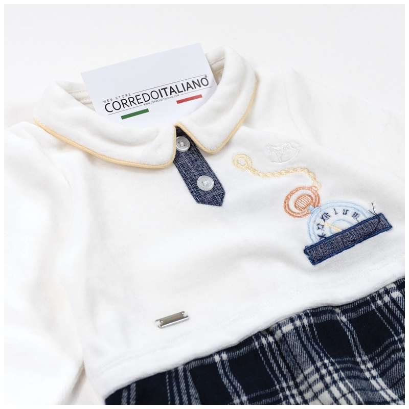 Tutina in ciniglia neonato elegante panna blu con fantasia scozzese