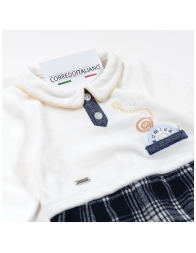 Tutina in ciniglia neonato elegante panna blu con fantasia scozzese