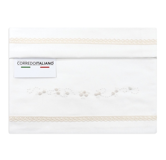 set lenzuolino ricamato a mano per culletta e carrozzina avorio con pizzo panna 2