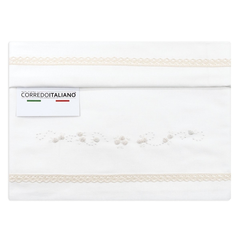 set lenzuolino ricamato a mano per carrozzina e culletta in cotone 100% avorio