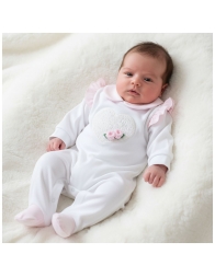 Embroidered heart detail on Teneri & Belli baby girl cotton sleepsuit