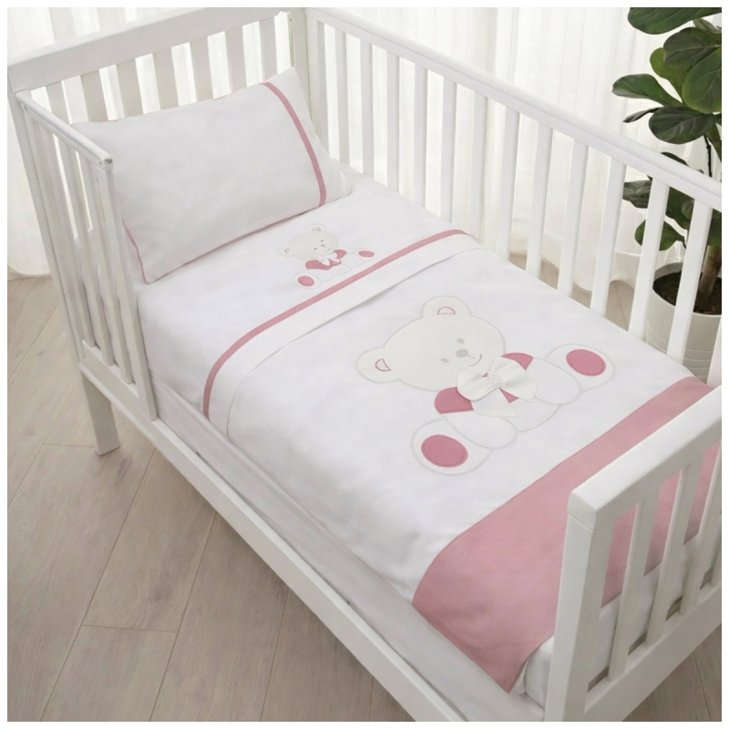 Duvet Cover Set with Bumper and Sheet Set – Teddy Bear Pink – Dolci Sogni