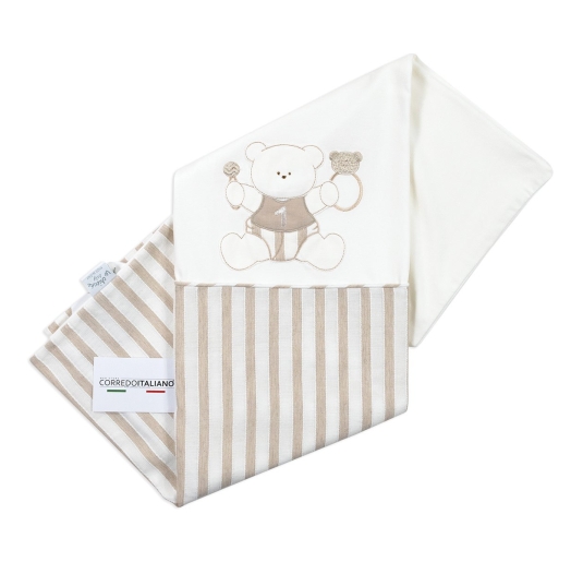 Baby blanket Le Chicche with beige stripes and teddy bear embroidery