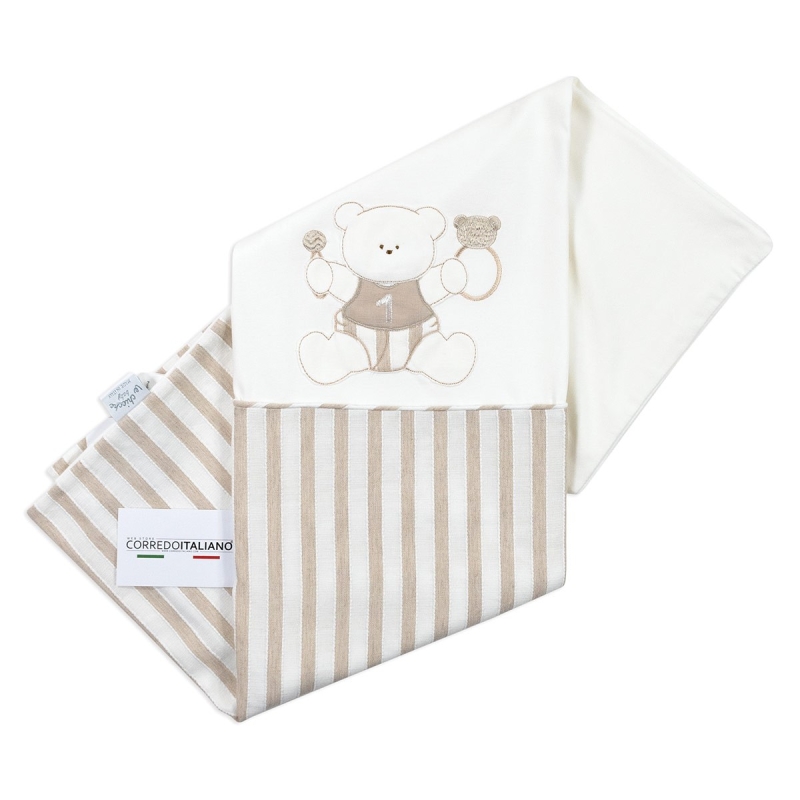 Copertina neonato Le Chicche a righe beige con ricamo orsetto