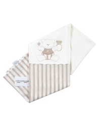 Copertina neonato Le Chicche a righe beige con ricamo orsetto