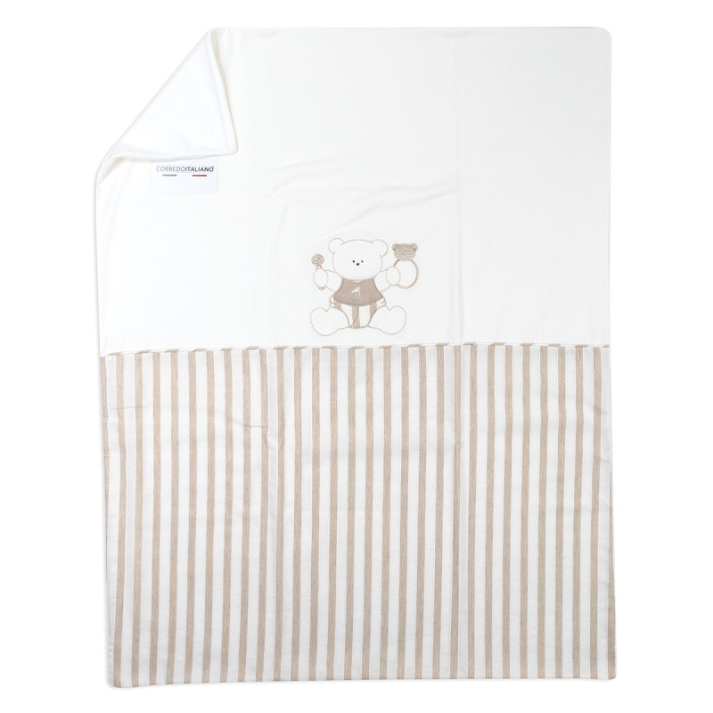 Baby blanket in cotton and linen for crib with embroidered teddy bear