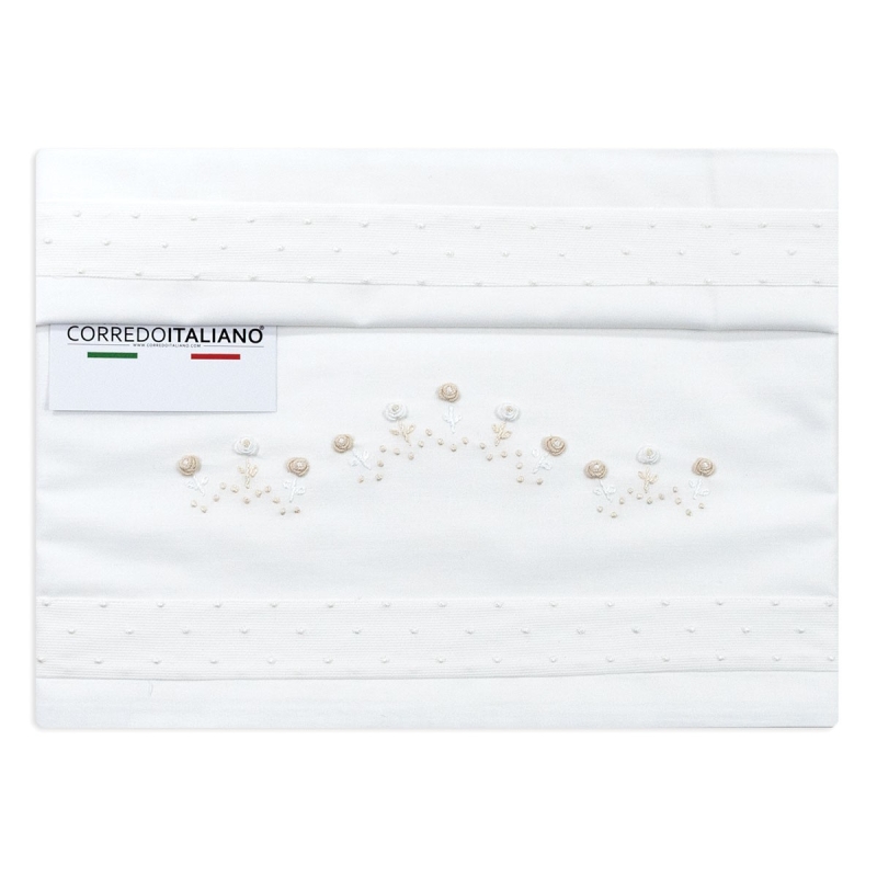 Set lenzuolino per lettino ricamato a mano in cotone bianco con ricami floreali