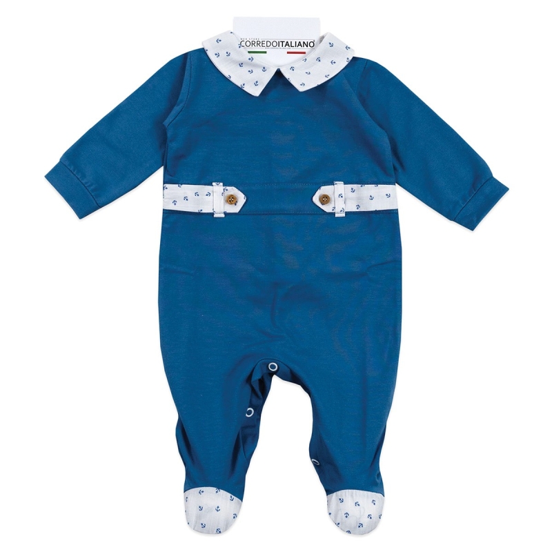 Baby cotton jersey sleepsuit blue Klaiadì with patterned collar