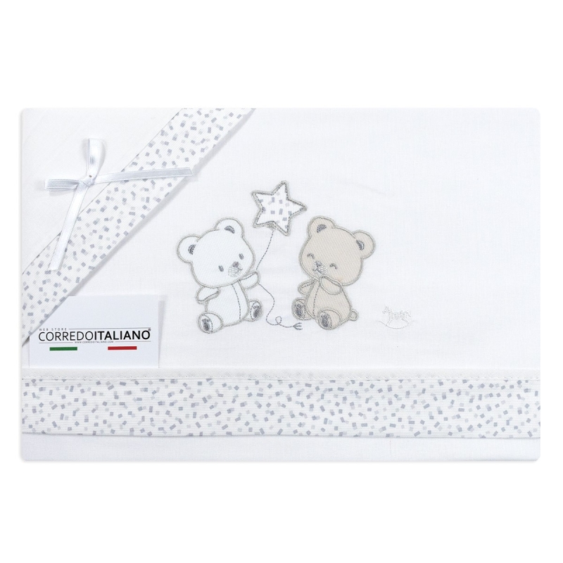Cradle and pram sheet set Mio Piccolo with teddy bear embroidery